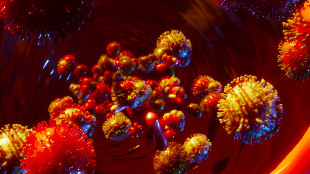 Pathogenic virus or bacteria cell in blood stream. Coronavirus global pandemia. 3D render